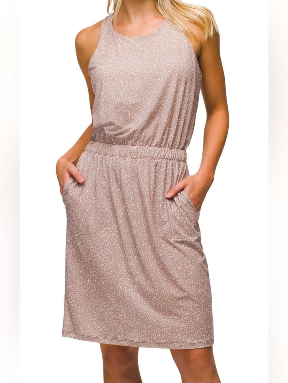 Prana Sleeveless Kamen Dress Taupe Willow Sharkstooth Pattern Women's Size XL